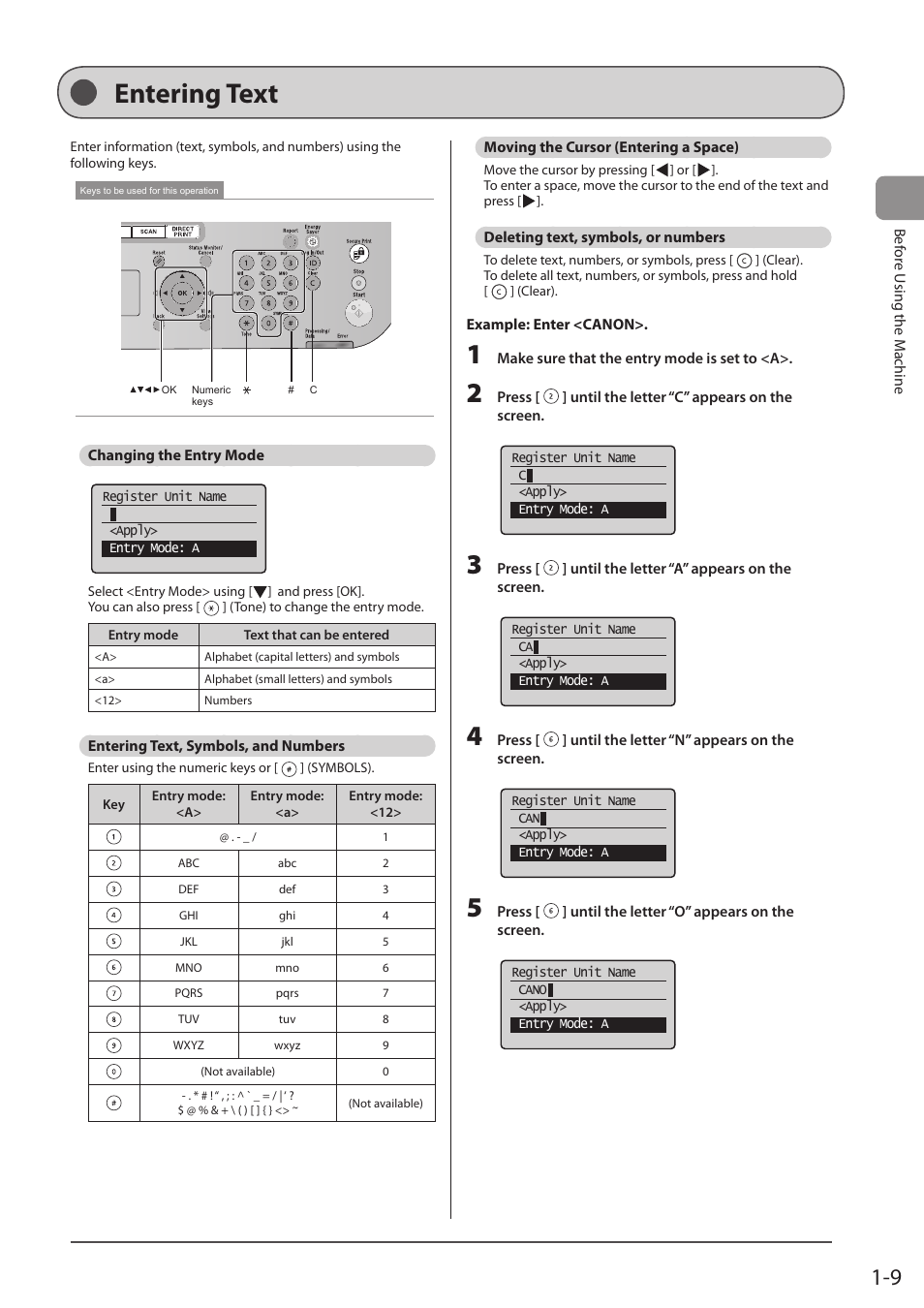 Entering text, Changing the entry mode, Entering text, symbols, and numbers | Moving the cursor (entering a space), Deleting text, symbols, or numbers | Canon imageCLASS D1350 User Manual | Page 33 / 174