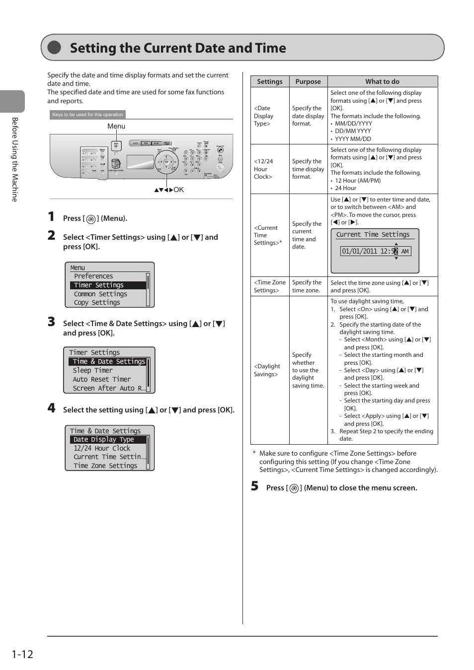 Setting the current date and time | Canon imageCLASS D1350 User Manual | Page 36 / 174