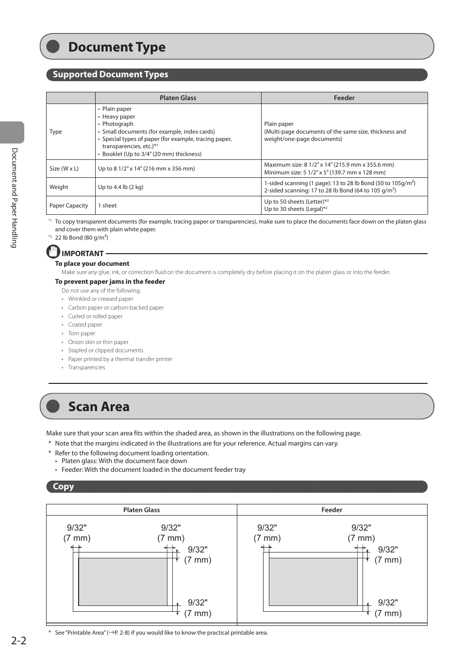 Document type, Supported document types, Scan area | Copy, Document type scan area | Canon imageCLASS D1350 User Manual | Page 38 / 174
