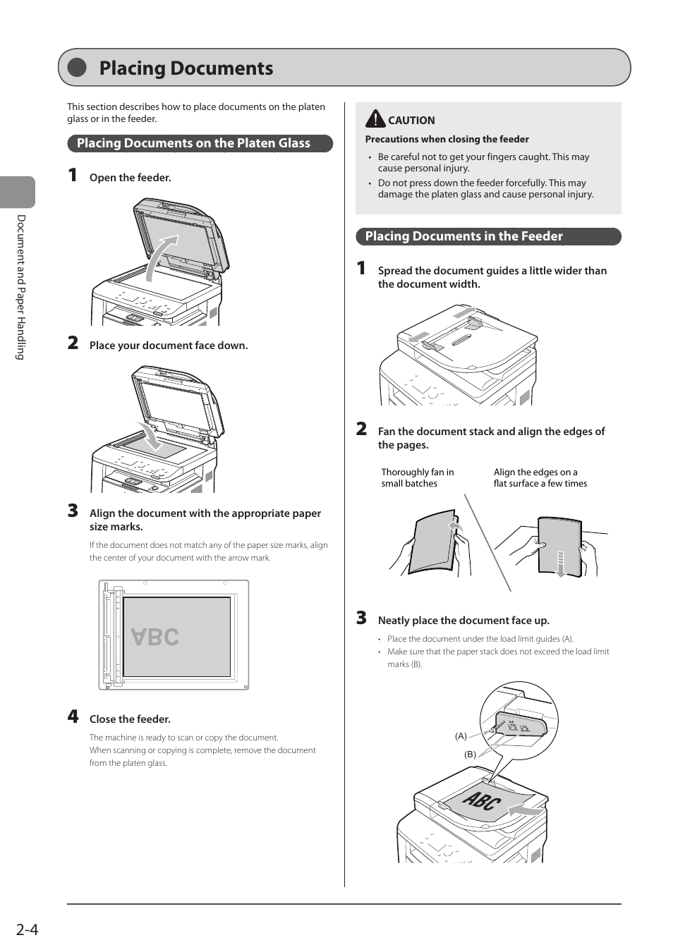 Placing documents, Placing documents on the platen glass, Placing documents in the feeder | Canon imageCLASS D1350 User Manual | Page 40 / 174