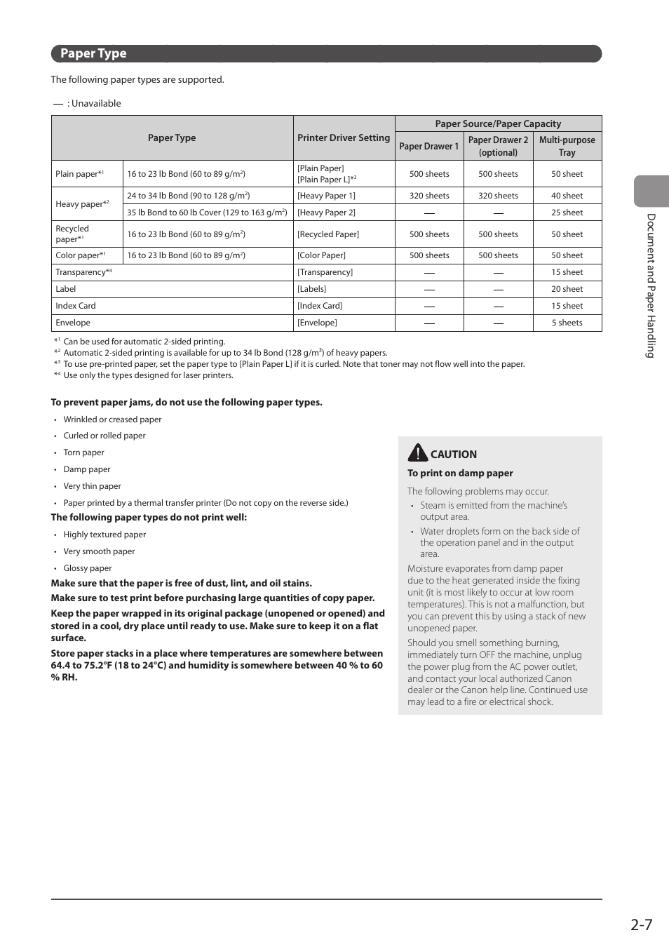 Paper type, Documen t and p aper handling, Caution | Canon imageCLASS D1350 User Manual | Page 43 / 174