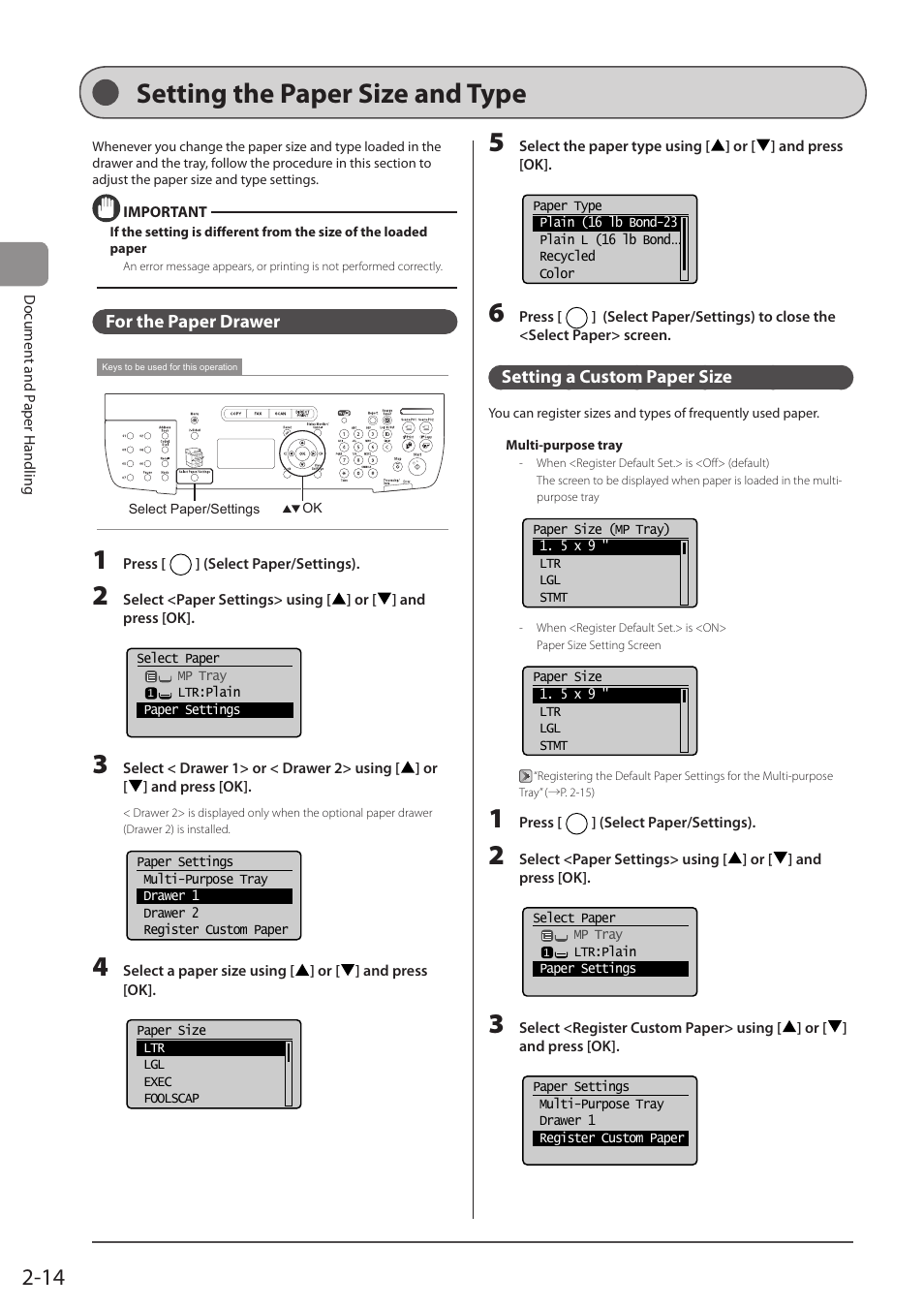 Setting the paper size and type, For the paper drawer, Setting a custom paper size | P. 2-14), Setting the paper size and type” (→p. 2-14) | Canon imageCLASS D1350 User Manual | Page 50 / 174