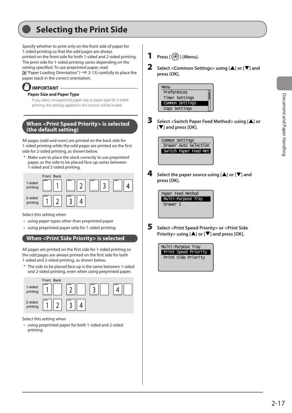 Selecting the print side, When <print side priority> is selected, P. 2-17) | Canon imageCLASS D1350 User Manual | Page 53 / 174