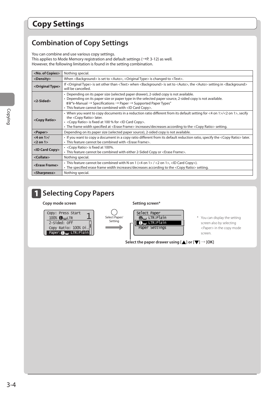 Copy settings, Selecting copy papers, See p.3-4 t | See “combination of, P. 3-4), Combination of copy settings | Canon imageCLASS D1350 User Manual | Page 58 / 174