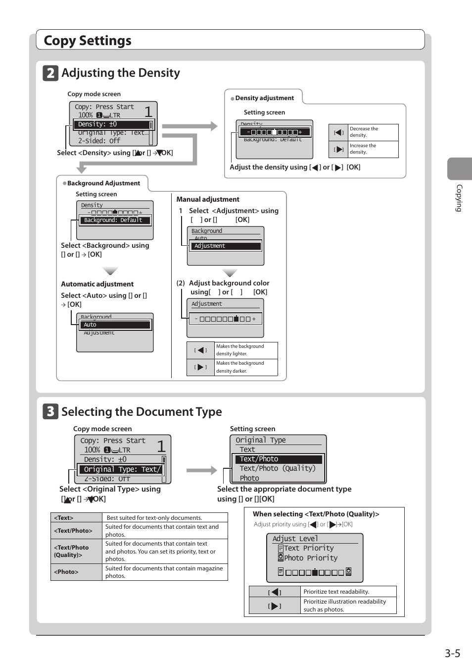 Adjusting the density, Selecting the document type, Copy settings | Canon imageCLASS D1350 User Manual | Page 59 / 174