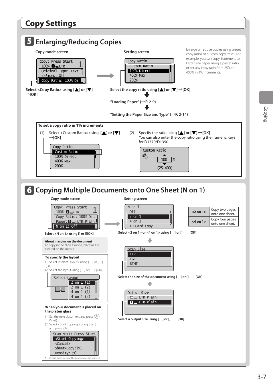 Enlarging/reducing copies, Copying multiple documents onto one sheet (n on 1), Copy settings | Canon imageCLASS D1350 User Manual | Page 61 / 174