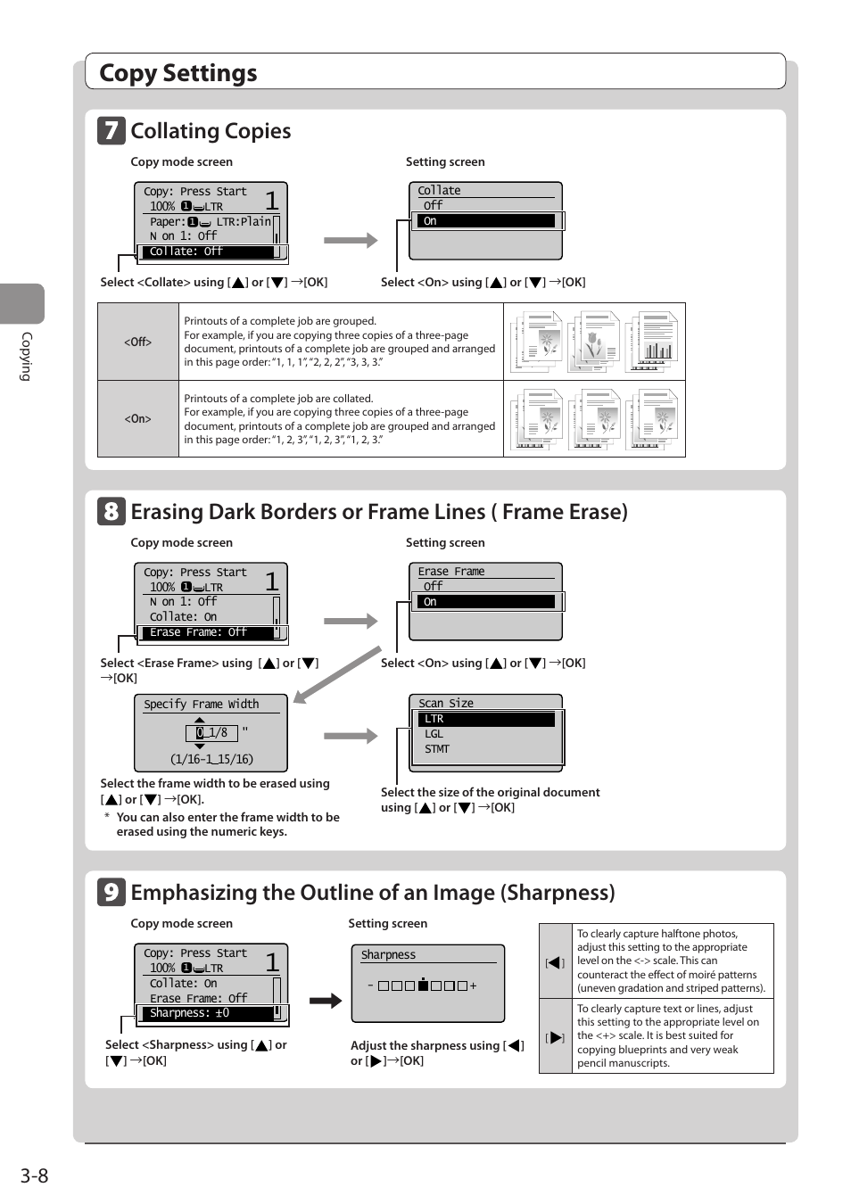 Collating copies, Erasing dark borders or frame lines ( frame erase), Emphasizing the outline of an image (sharpness) | O p.3-8.), Copy settings | Canon imageCLASS D1350 User Manual | Page 62 / 174