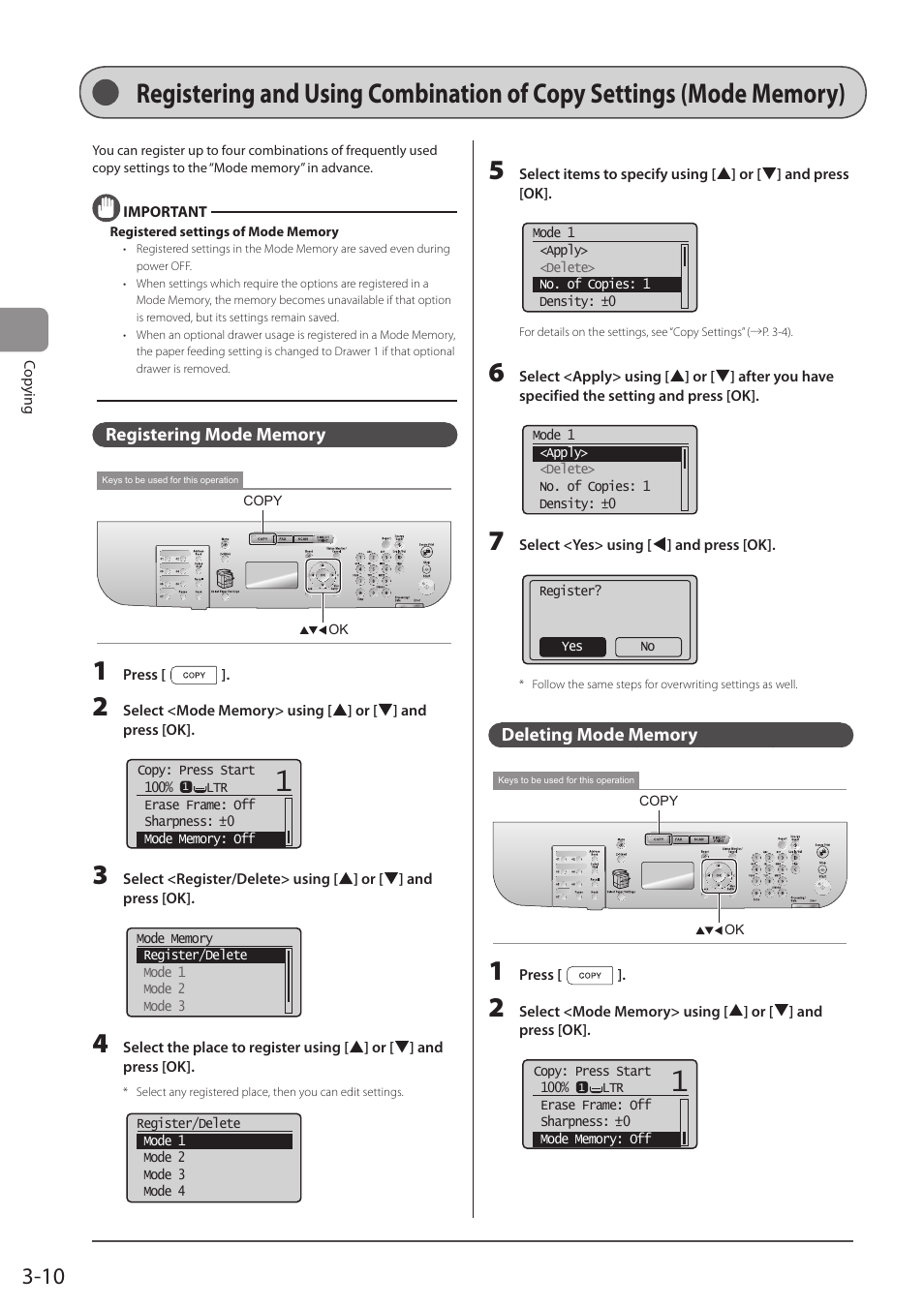 Registering mode memory, Deleting mode memory, P. 3-10) | Canon imageCLASS D1350 User Manual | Page 64 / 174