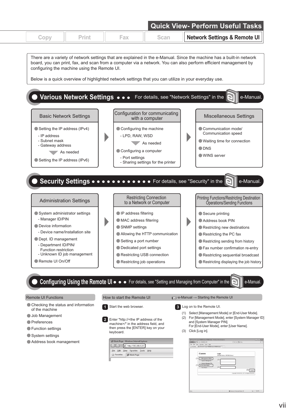 Saving in a computer, Quick view- perform useful tasks, Various network settings | Security settings, Configuring using the remote ui, Emailing scanned documents (d1370 only) | Canon imageCLASS D1350 User Manual | Page 7 / 174