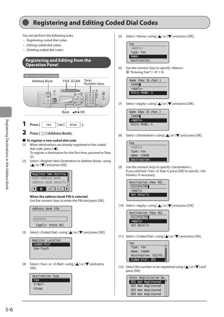 Registering and editing coded dial codes, Registering and editing from the operation panel, P. 5-6) | Canon imageCLASS D1350 User Manual | Page 78 / 174