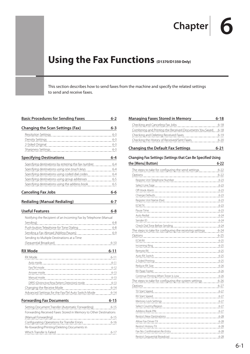 Using the fax functions (d1370/d1350 only), Using the fax functions p.6-1, Using the fax functions | D1370/d1350 only), Chapter | Canon imageCLASS D1350 User Manual | Page 87 / 174