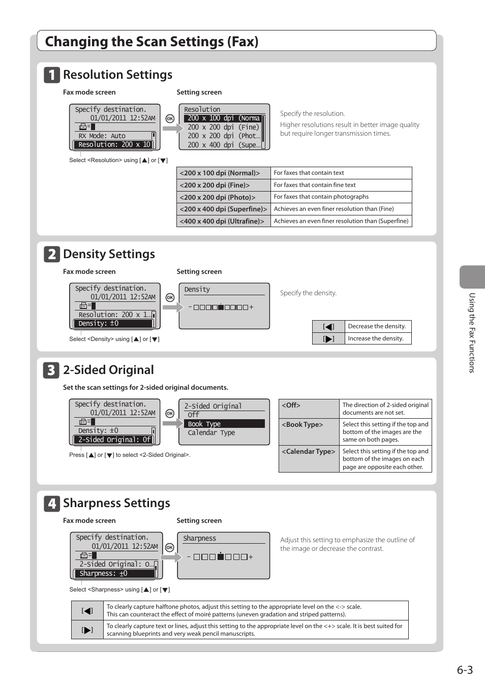 Changing the scan settings (fax), Resolution settings, Density settings | Sided original, Sharpness settings, See p.6-3.) | Canon imageCLASS D1350 User Manual | Page 89 / 174