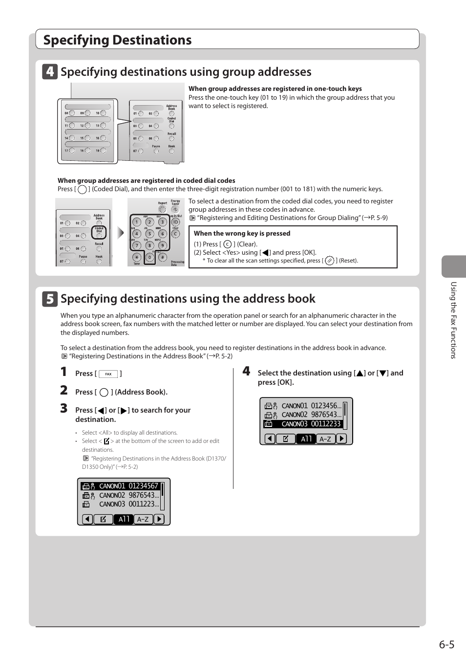 Specifying destinations using group addresses, Specifying destinations using the address book, O 6-5.) | Specifying destinations | Canon imageCLASS D1350 User Manual | Page 91 / 174