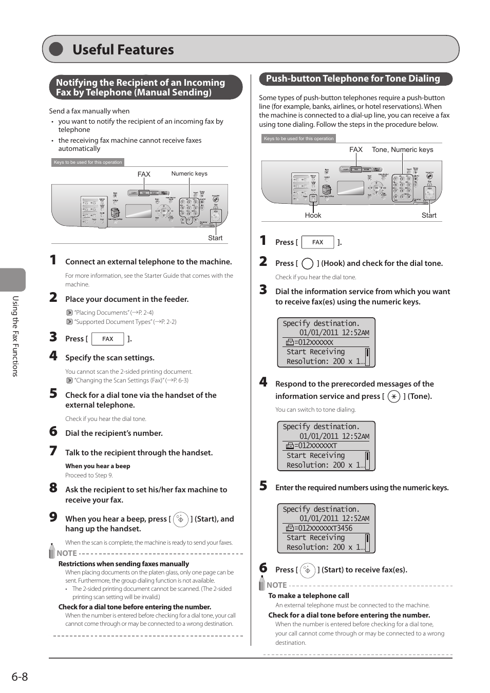 Useful features, Push-button telephone for tone dialing, Manual sending) | P. 6-8) | Canon imageCLASS D1350 User Manual | Page 94 / 174