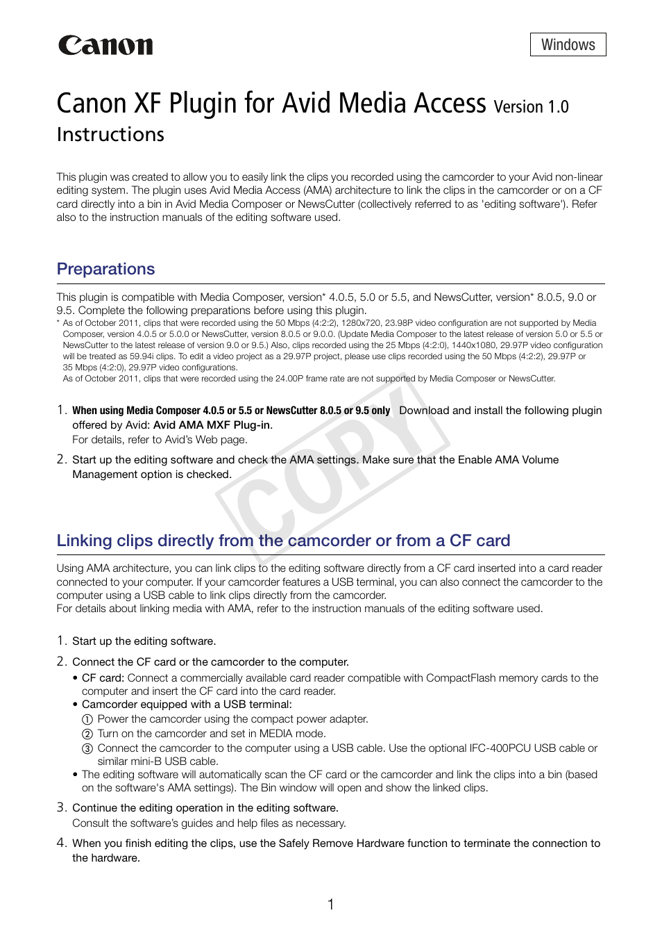 Canon XF300 User Manual | 2 pages