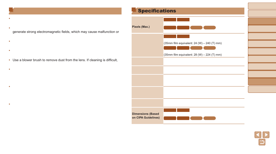 Handling precautions, Specifications | Canon PowerShot ELPH 140 IS User Manual | Page 111 / 119