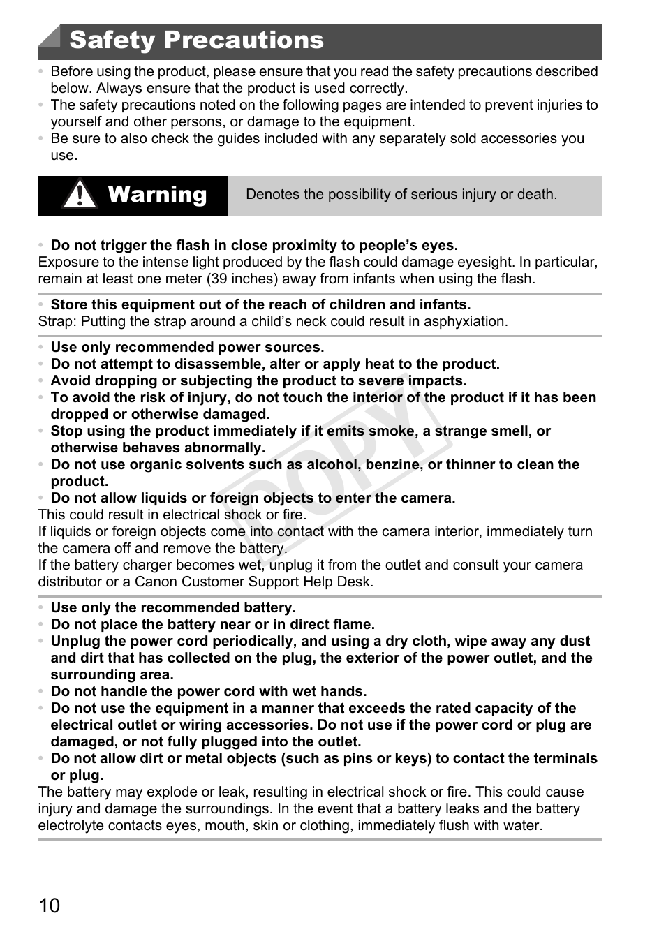 Safety precautions, Cop y, Warning | Canon PowerShot D20 User Manual | Page 10 / 218
