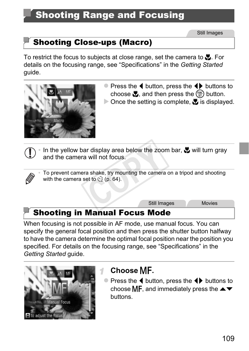 Shooting range and focusing, Cop y | Canon PowerShot D20 User Manual | Page 109 / 218