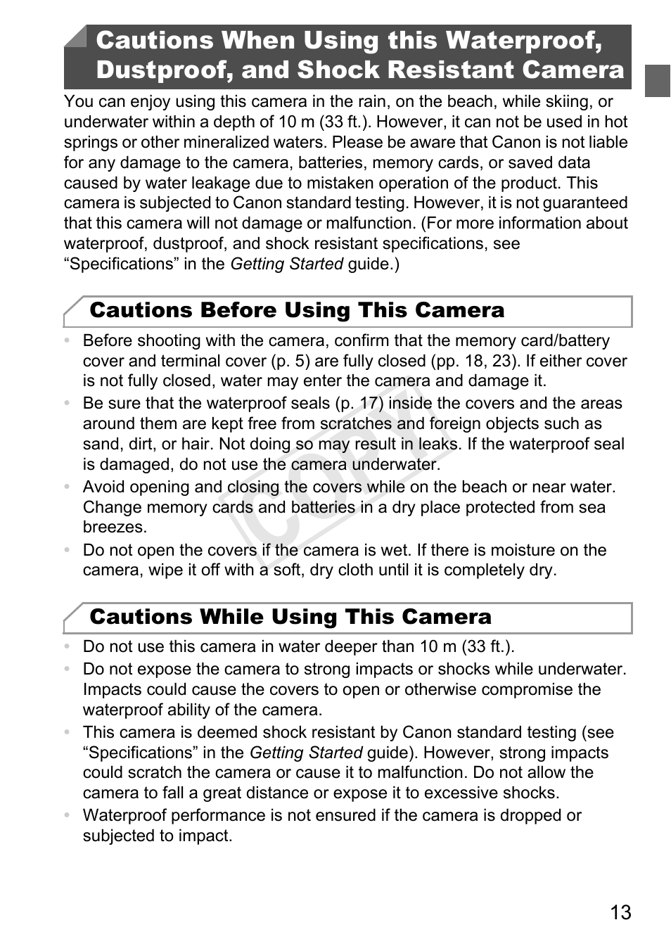 Cautions when using this waterproof, Dustproof, and shock resistant camera, Cop y | Canon PowerShot D20 User Manual | Page 13 / 218
