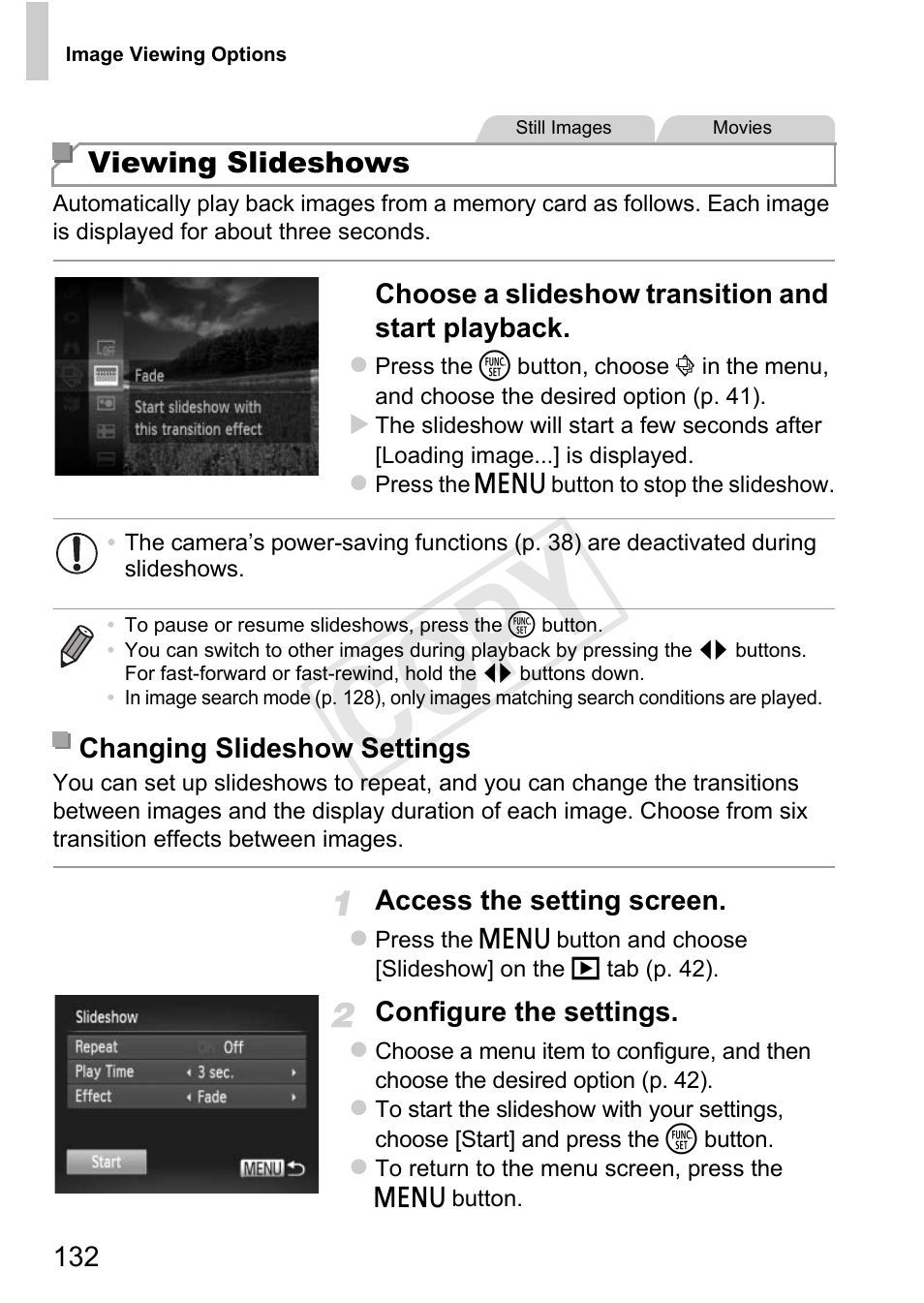 Viewing slideshows” (p. 132), Cop y | Canon PowerShot D20 User Manual | Page 132 / 218