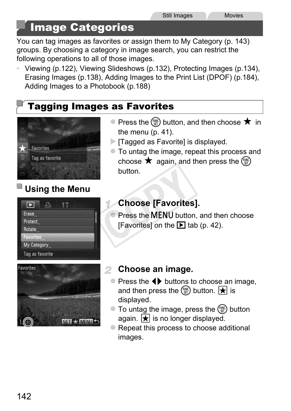 Image categories, Orites (p. 142), Cop y | Canon PowerShot D20 User Manual | Page 142 / 218