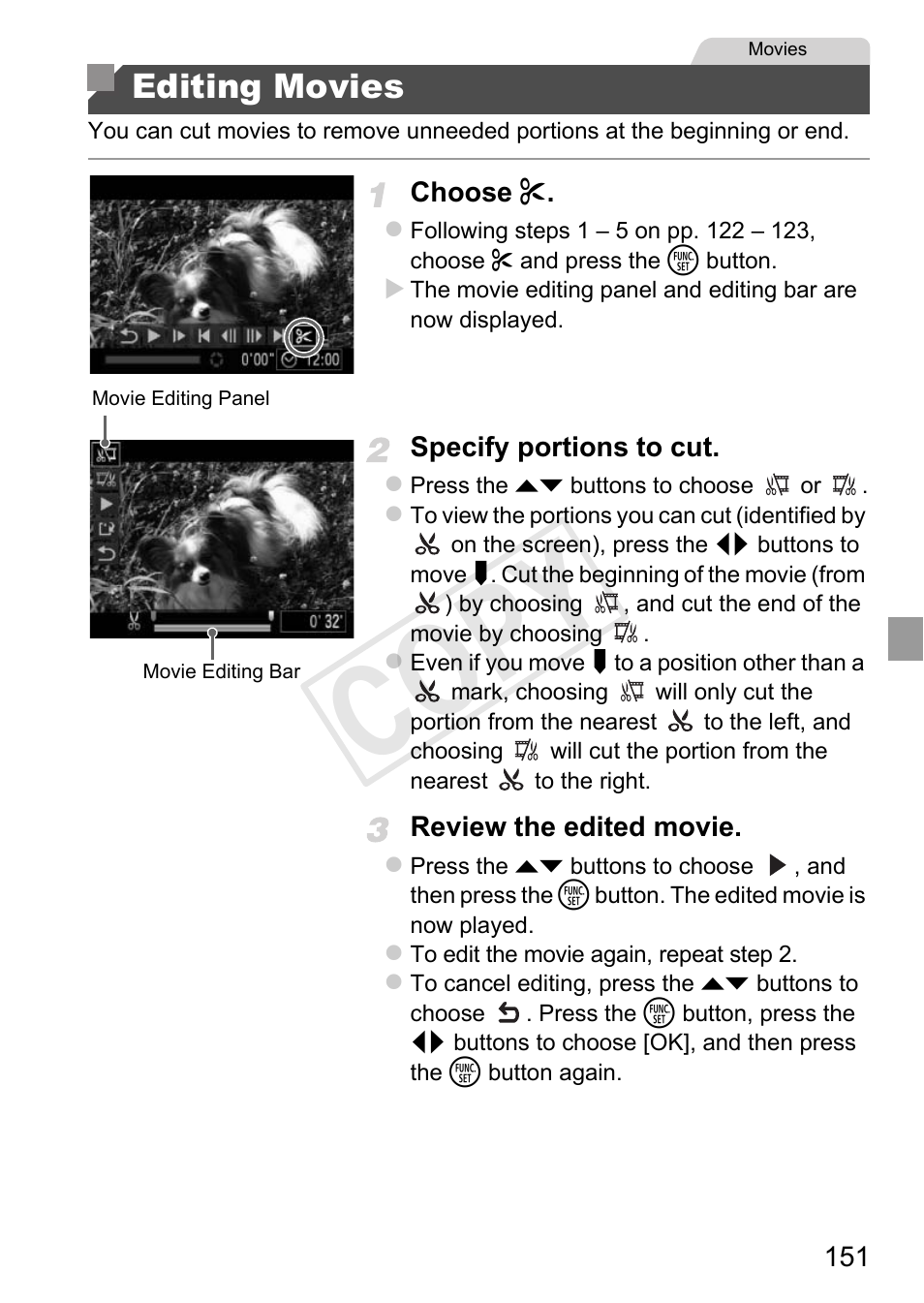 Editing movies, Cop y | Canon PowerShot D20 User Manual | Page 151 / 218