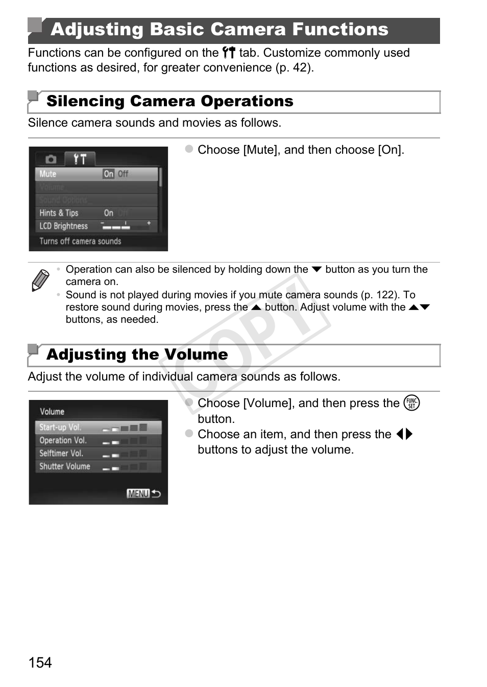 Adjusting basic camera, Functions, Cop y | Canon PowerShot D20 User Manual | Page 154 / 218
