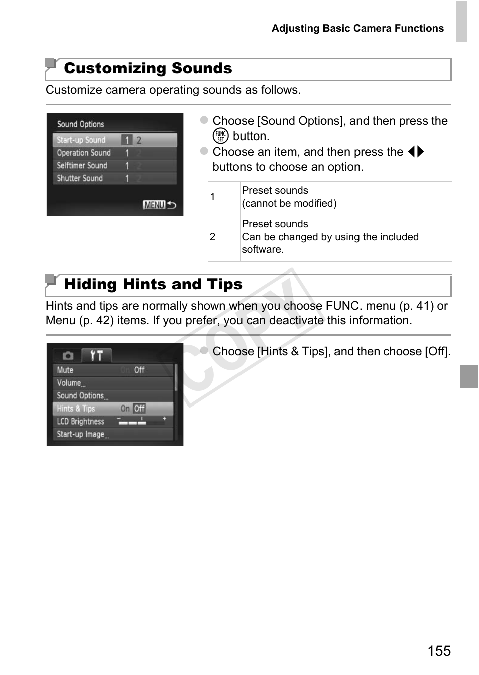 Lf-timer (p. 155), Cop y | Canon PowerShot D20 User Manual | Page 155 / 218