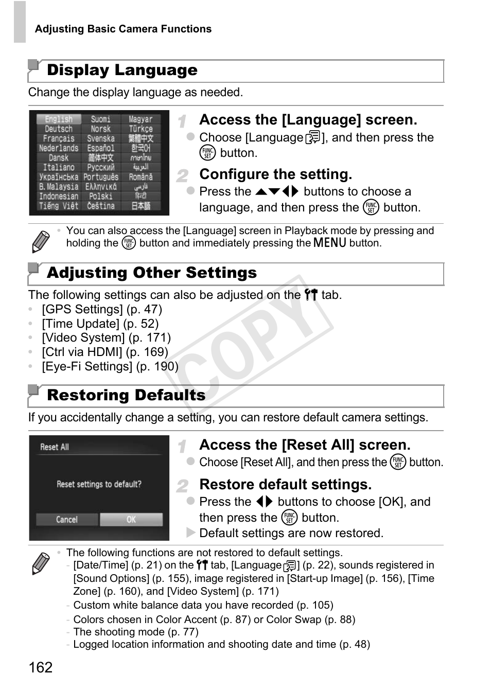 Settings (p. 162), Cop y | Canon PowerShot D20 User Manual | Page 162 / 218