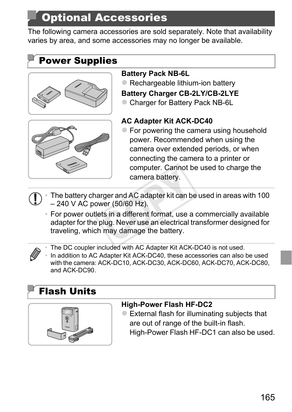 Optional accessories, Sold separately, p. 165), Cop y | Canon PowerShot D20 User Manual | Page 165 / 218