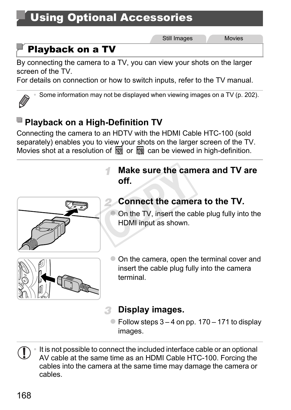Using optional accessories, Cop y | Canon PowerShot D20 User Manual | Page 168 / 218