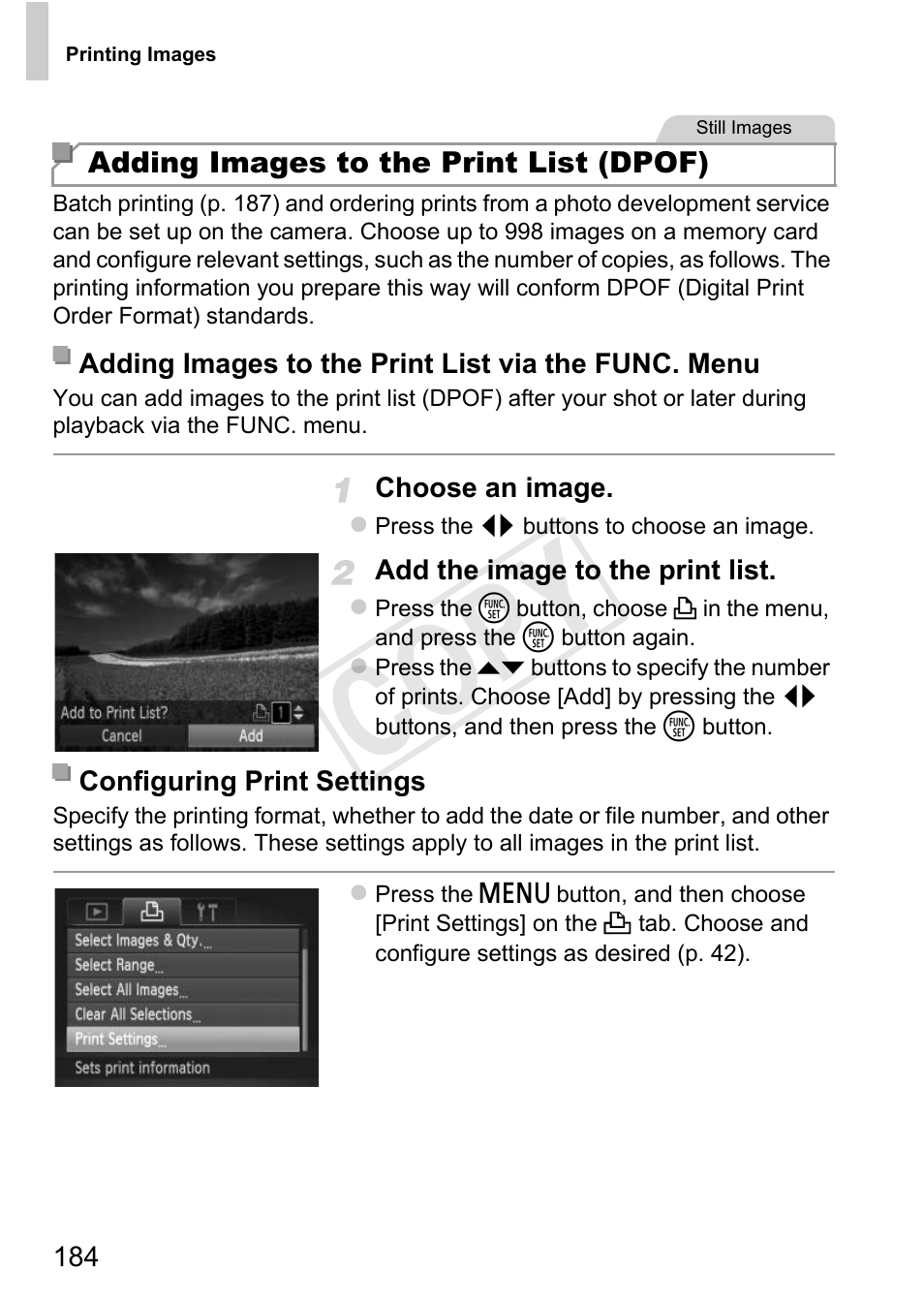 P. 184) to print, Adding images to the print list (dpof) (p.184), Cop y | Canon PowerShot D20 User Manual | Page 184 / 218