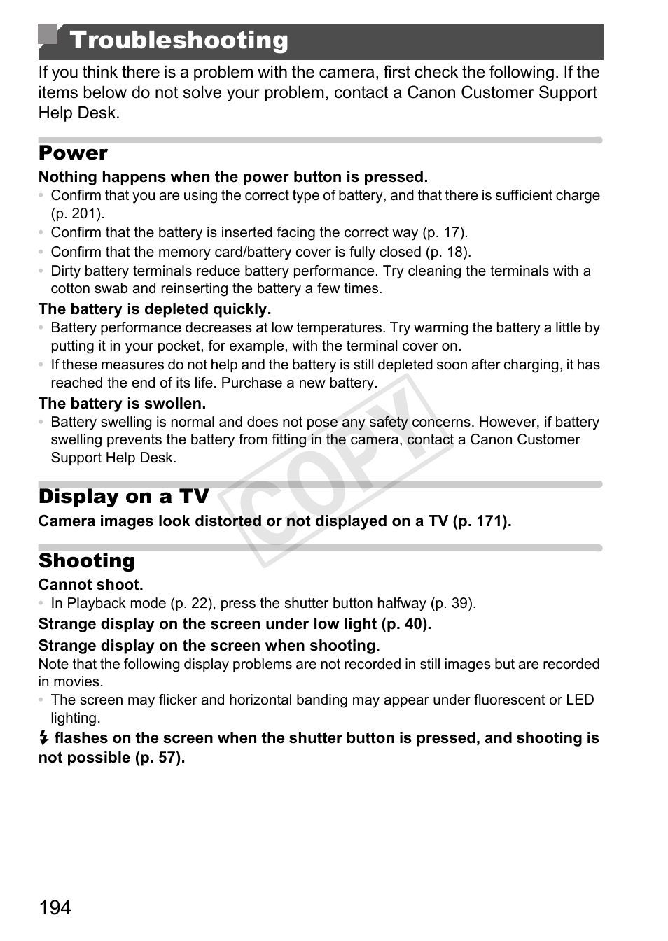 Troubleshooting, Cop y | Canon PowerShot D20 User Manual | Page 194 / 218
