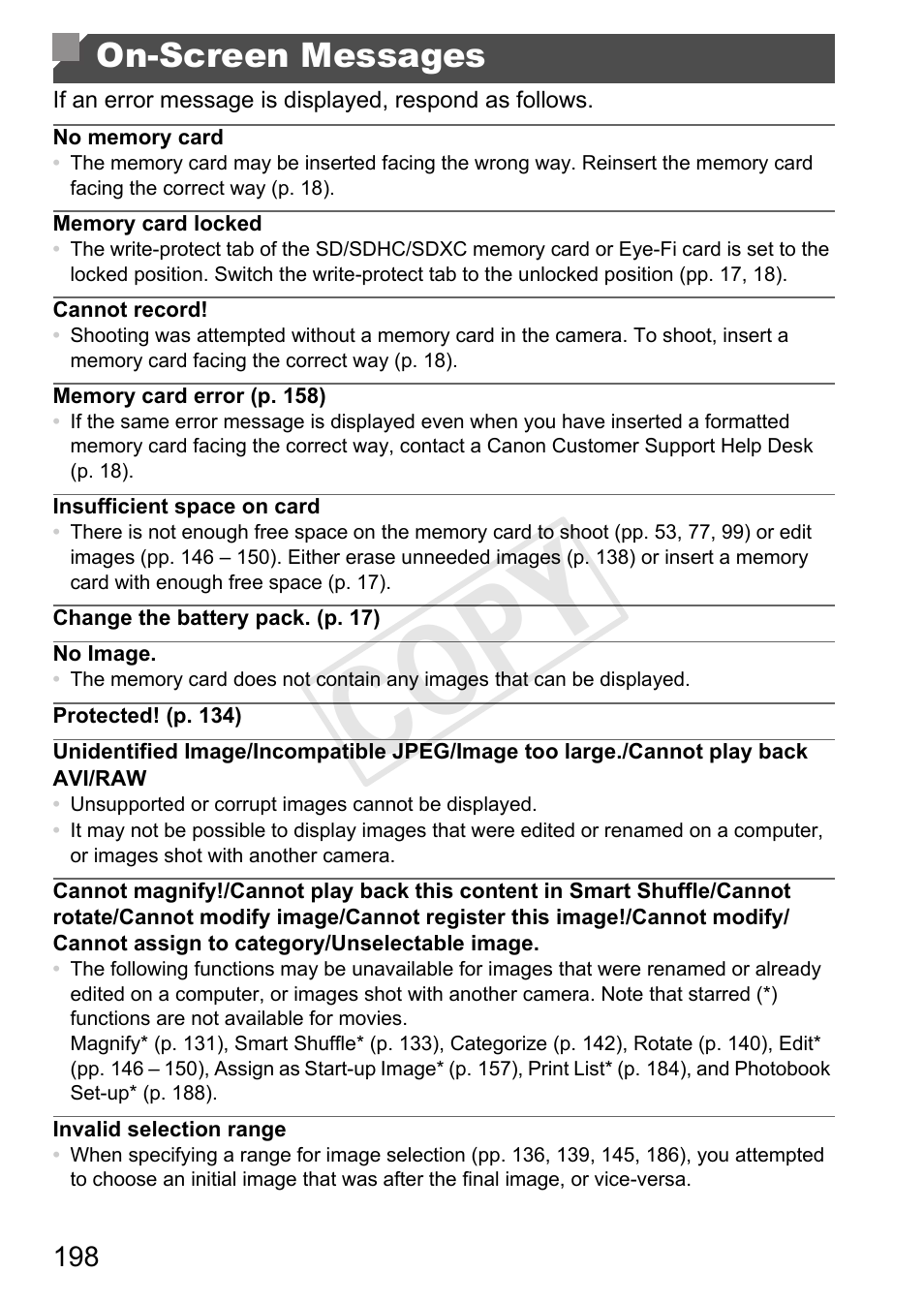 On-screen messages, Cop y | Canon PowerShot D20 User Manual | Page 198 / 218