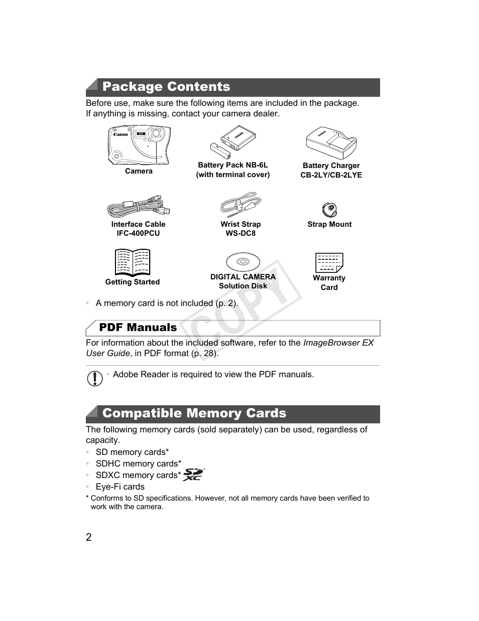 Cop y, Package contents | Canon PowerShot D20 User Manual | Page 2 / 218