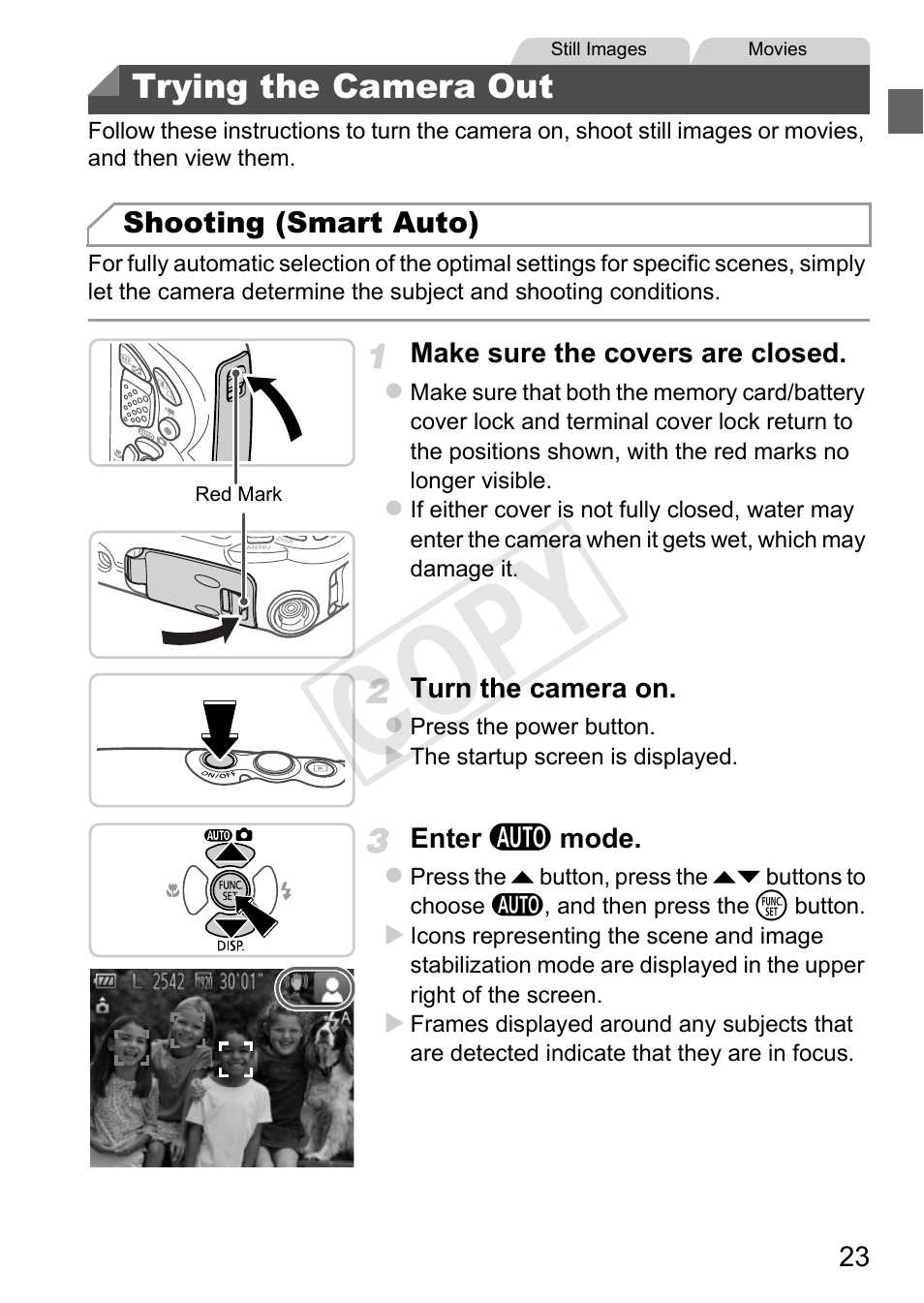 Trying the camera out, Cop y | Canon PowerShot D20 User Manual | Page 23 / 218