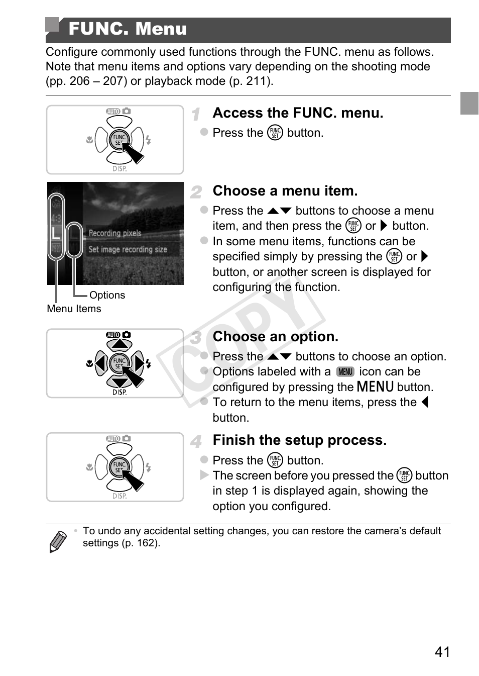 Func. menu, Cop y | Canon PowerShot D20 User Manual | Page 41 / 218