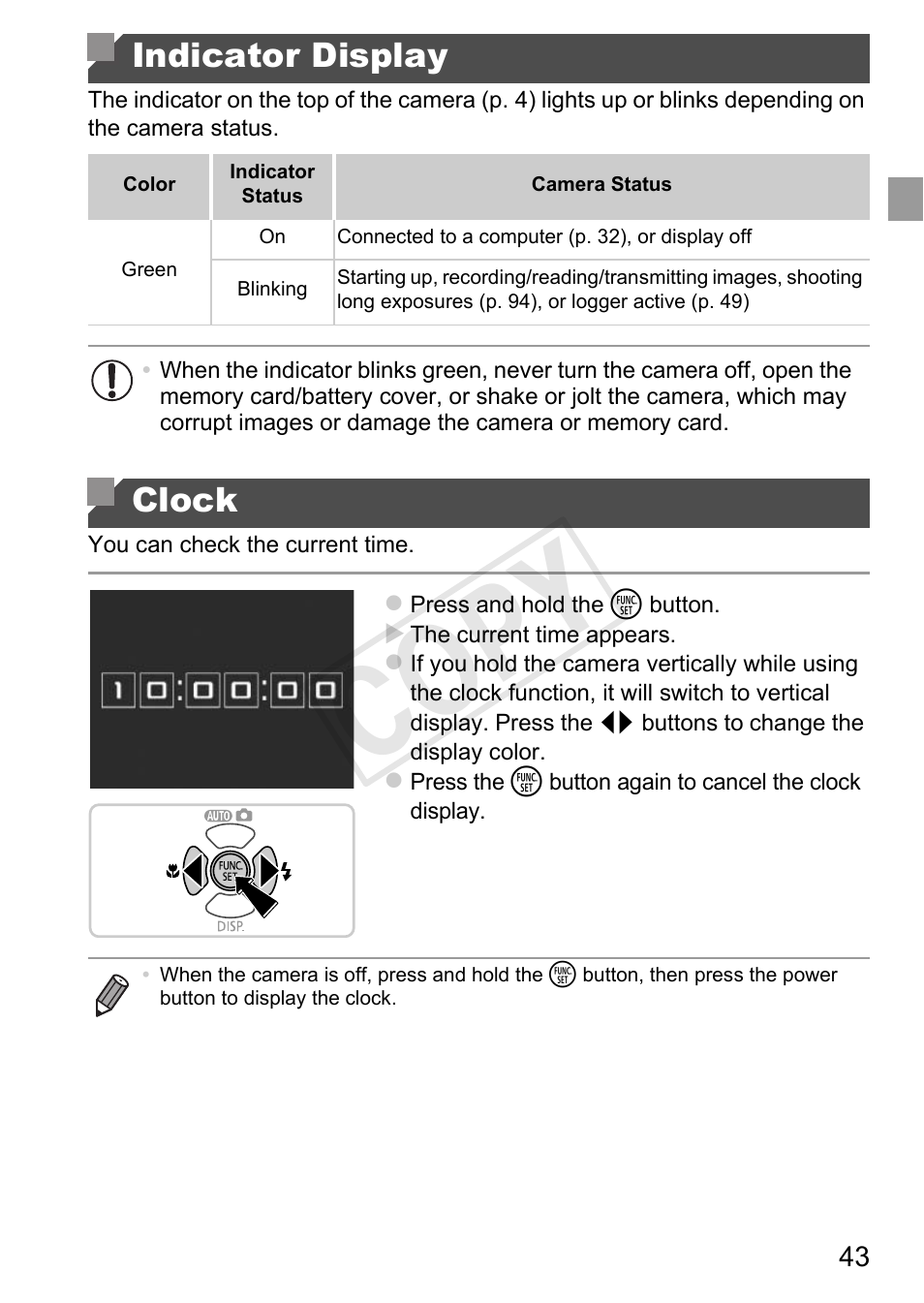 Indicator display clock, Cop y, Indicator display | Clock | Canon PowerShot D20 User Manual | Page 43 / 218