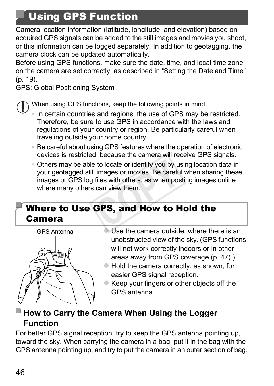 Using gps function, Cop y | Canon PowerShot D20 User Manual | Page 46 / 218