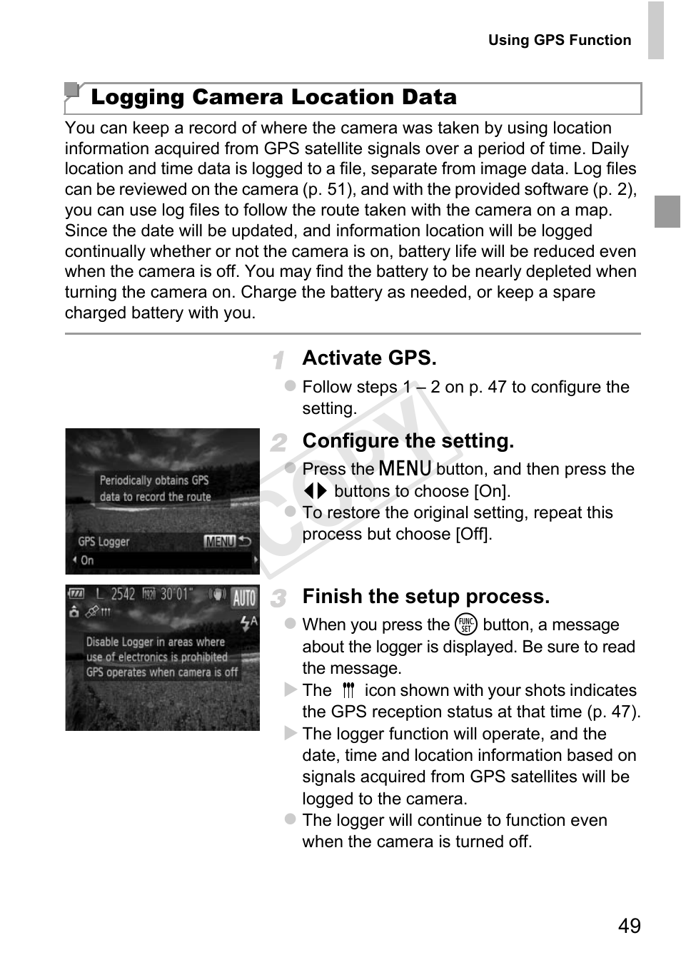Ger active (p. 49), Cop y | Canon PowerShot D20 User Manual | Page 49 / 218