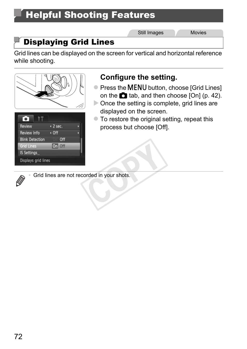Helpful shooting features, Cop y | Canon PowerShot D20 User Manual | Page 72 / 218