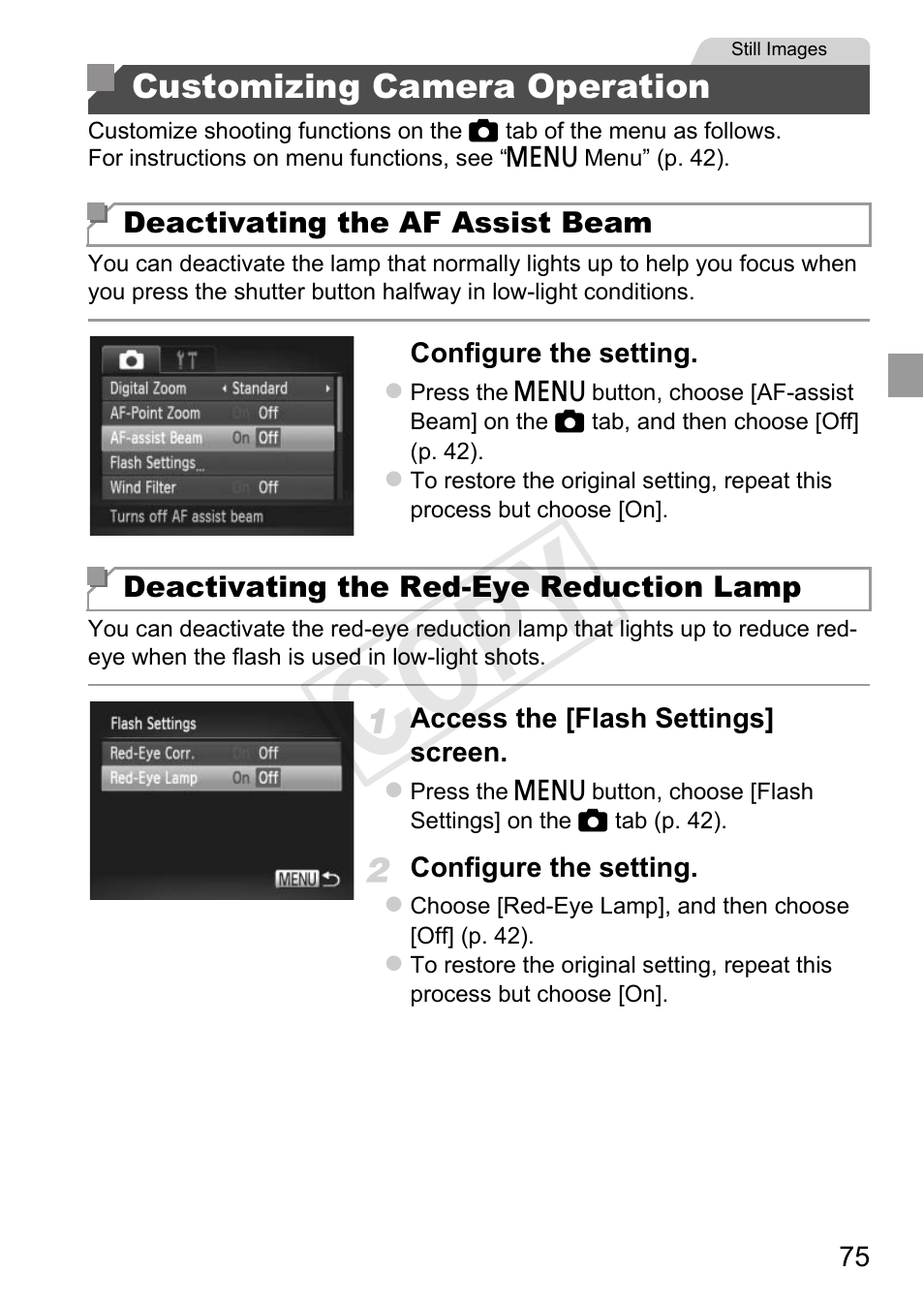 Customizing camera operation, Cop y | Canon PowerShot D20 User Manual | Page 75 / 218