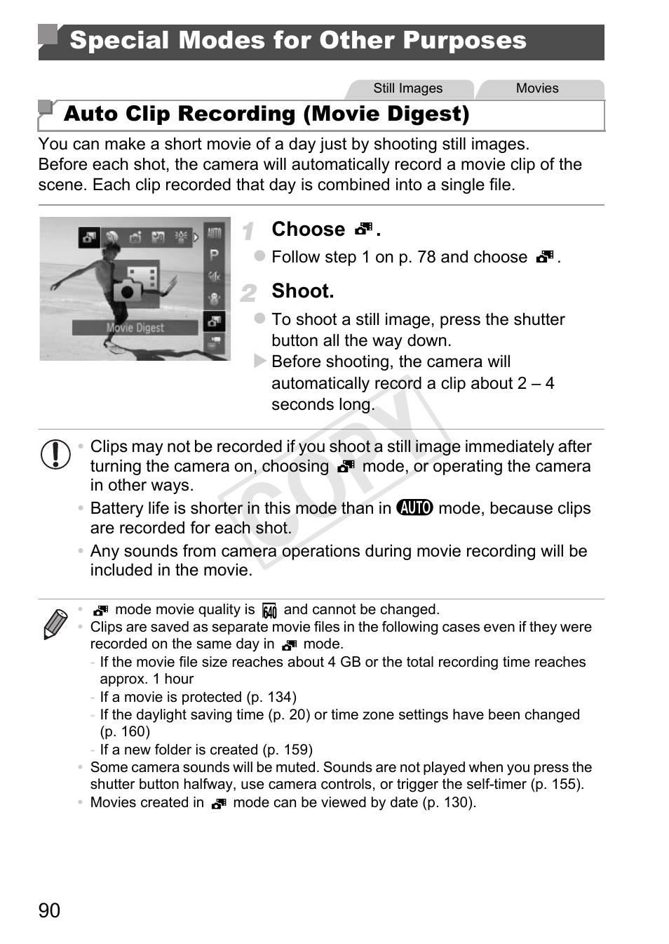 Special modes for other, Purposes, Vie digest (p. 90) | Cop y, Special modes for other purposes | Canon PowerShot D20 User Manual | Page 90 / 218