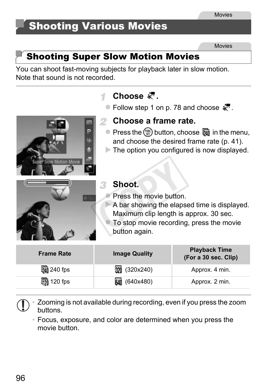 Shooting various movies, Cop y | Canon PowerShot D20 User Manual | Page 96 / 218