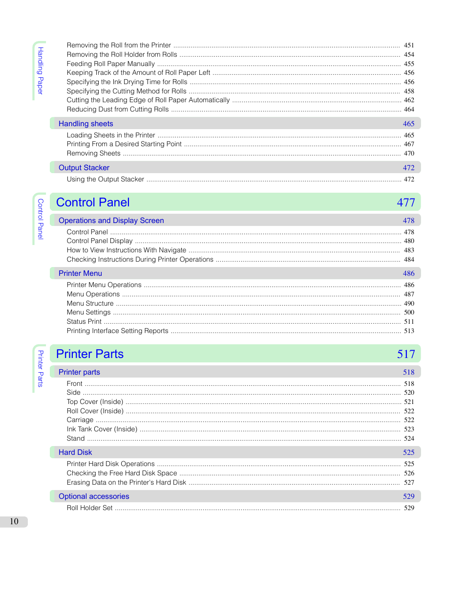 Control panel 477, Printer parts 517 | Canon imagePROGRAF iPF765 MFP M40 User Manual | Page 10 / 740