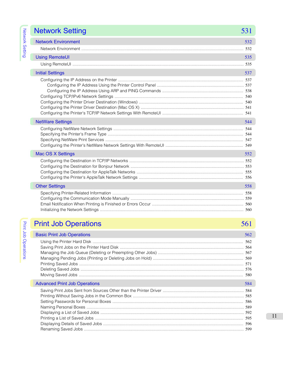Network setting 531, Print job operations 561 | Canon imagePROGRAF iPF765 MFP M40 User Manual | Page 11 / 740