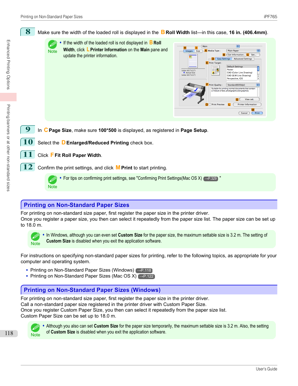 Printing on non-standard paper sizes, Printing on non-standard paper sizes (windows), See "printing on non-standard paper sizes | P.118 | Canon imagePROGRAF iPF765 MFP M40 User Manual | Page 118 / 740