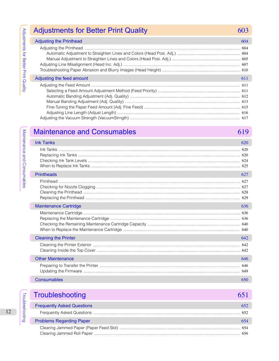 Adjustments for better print quality 603, Maintenance and consumables 619, Troubleshooting 651 | Canon imagePROGRAF iPF765 MFP M40 User Manual | Page 12 / 740