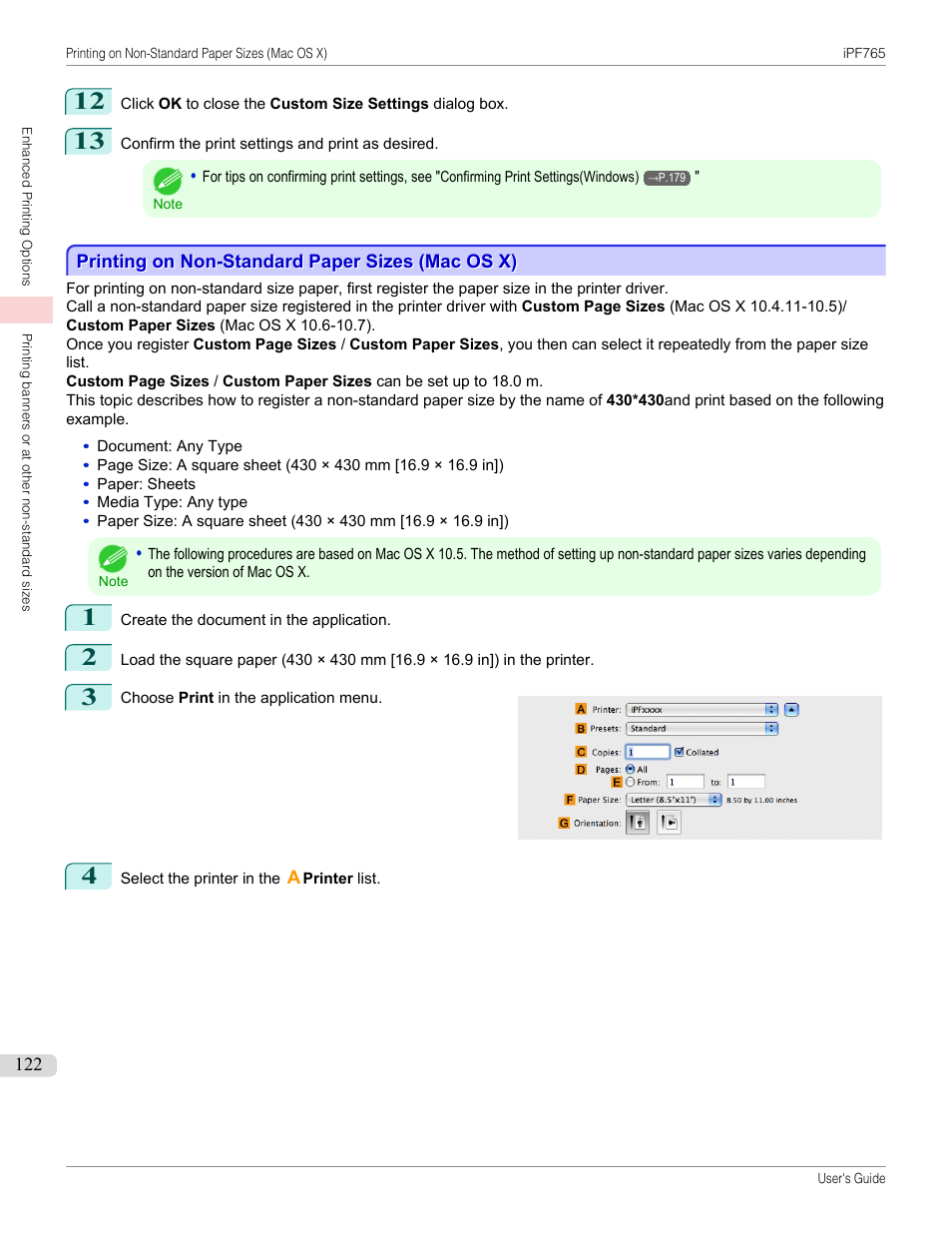 Printing on non-standard paper sizes (mac os x), P.122 | Canon imagePROGRAF iPF765 MFP M40 User Manual | Page 122 / 740