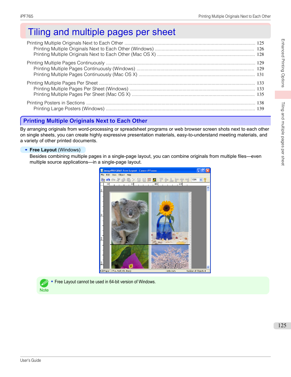 Printing multiple originals next to each other, P.125, Tiling and multiple pages per sheet | Canon imagePROGRAF iPF765 MFP M40 User Manual | Page 125 / 740